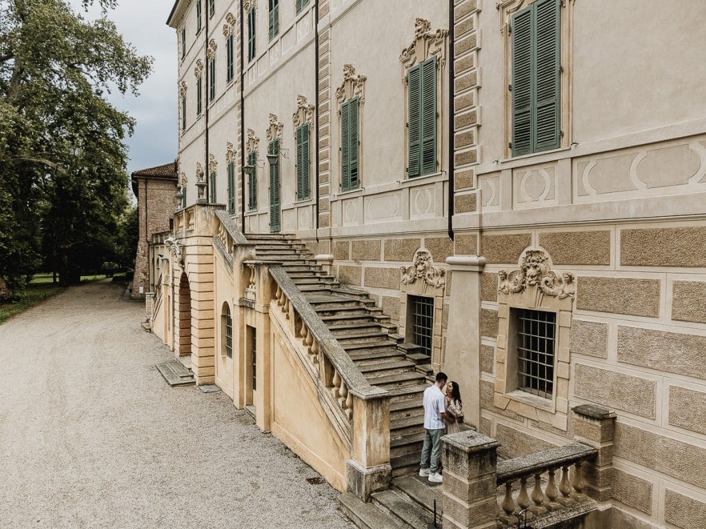 Pre-wedding at Castello di Santena. Fabiola and Cristian on the castle steps. 