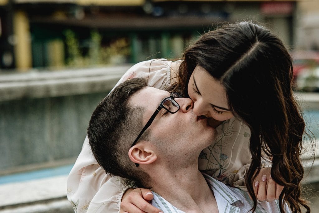 Fabiola and Cristian share a kiss in front of the fountain during their pre-wedding at Castello di Santena. 