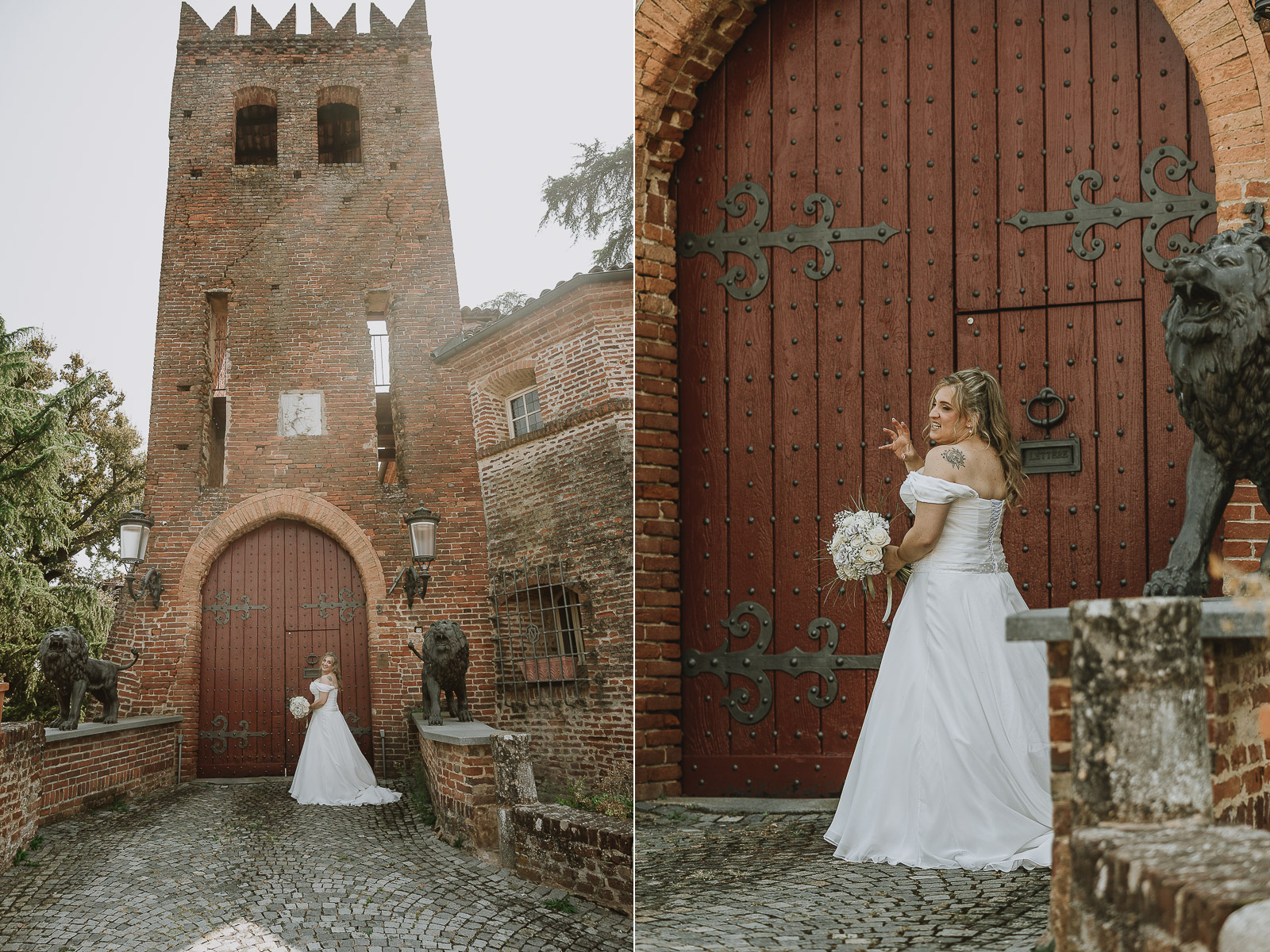 Fotografo Matrimonio in Piemonte. Ritratti di coppia degli sposi davanti al castello di Moriondo Torinese.
