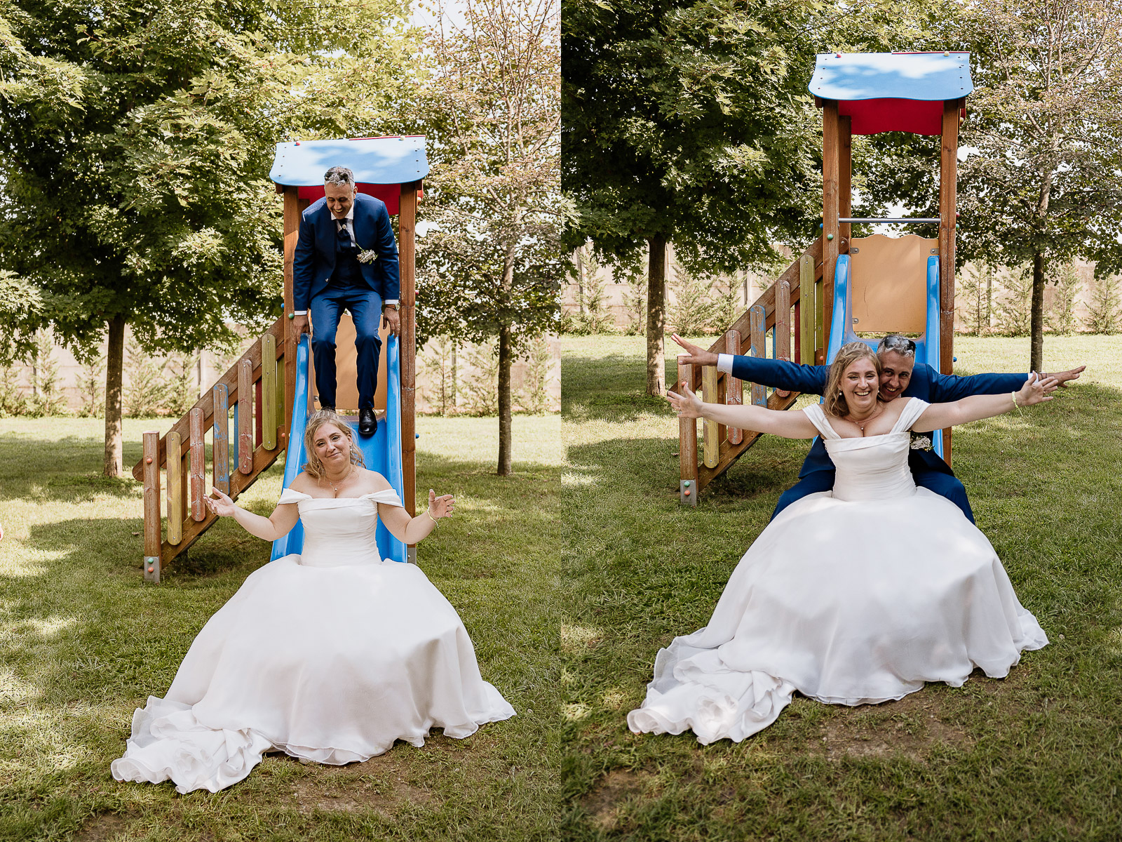 Fotografo Matrimonio in Piemonte. Ricevimento all'agriturismo Greppi di Crescentino (VC). Aperitivo. Sposi sullo scivolo.