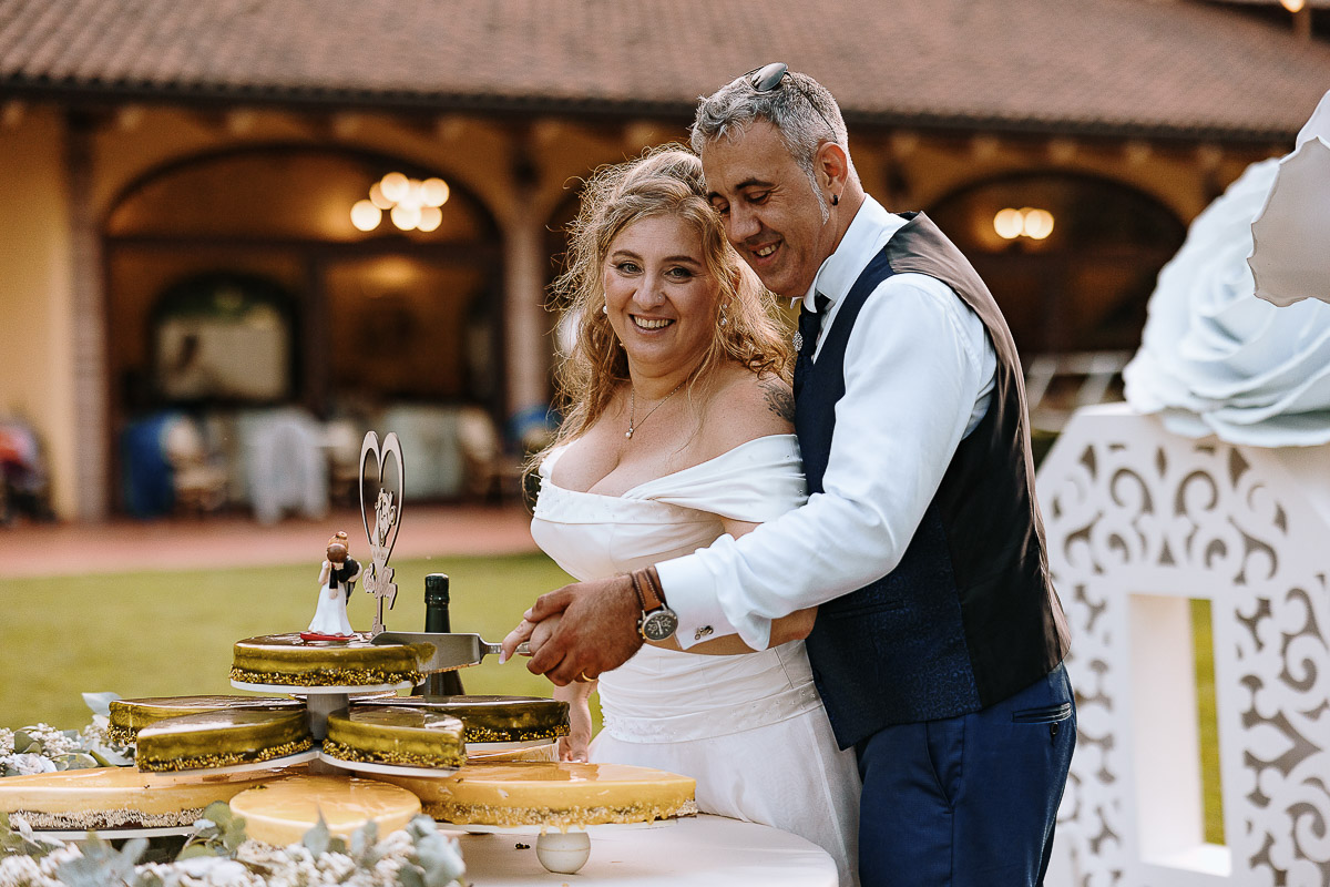 Fotografo Matrimonio in Piemonte. Ricevimento all'agriturismo Greppi di Crescentino (VC). Ricevimento. Taglio torta.
