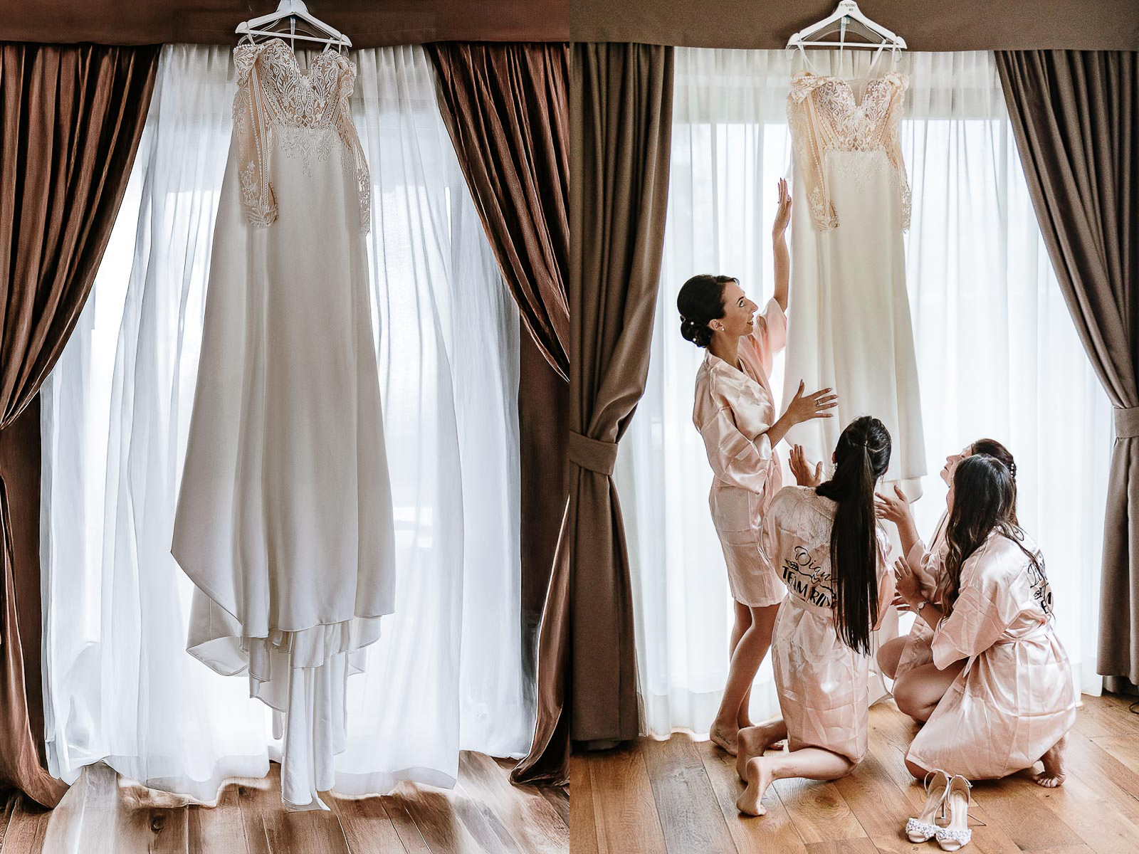 Fotografo Matrimonio Lago di Viverone, Tenuta Variselle. Preparazione della sposa. Abito della sposa e sposa con le damigelle che accarezzano l'abito.