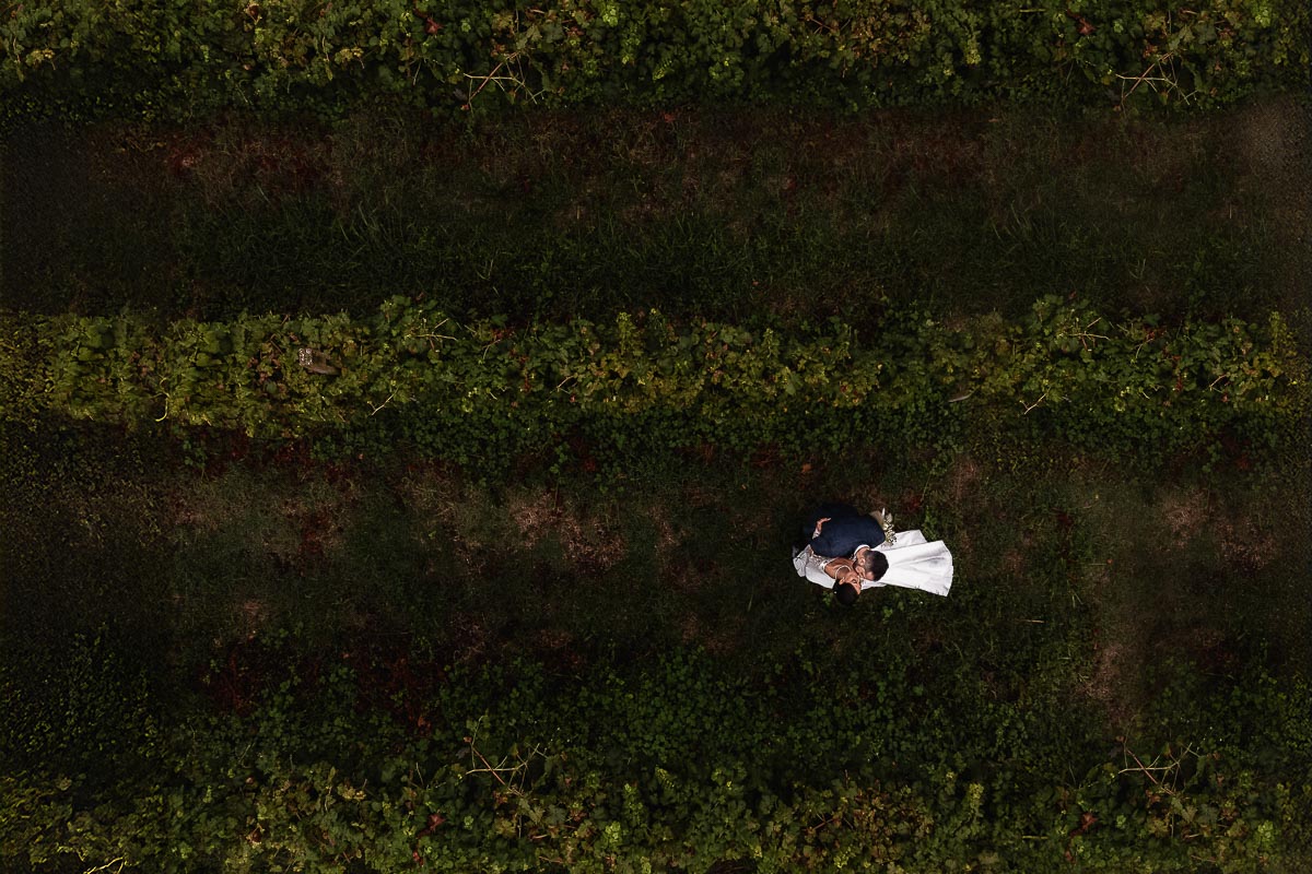 Fotografo Matrimonio Lago di Viverone, Tenuta Variselle. Sessione di coppia preserale nel vigneto. Sposi camminano foto dal drone.