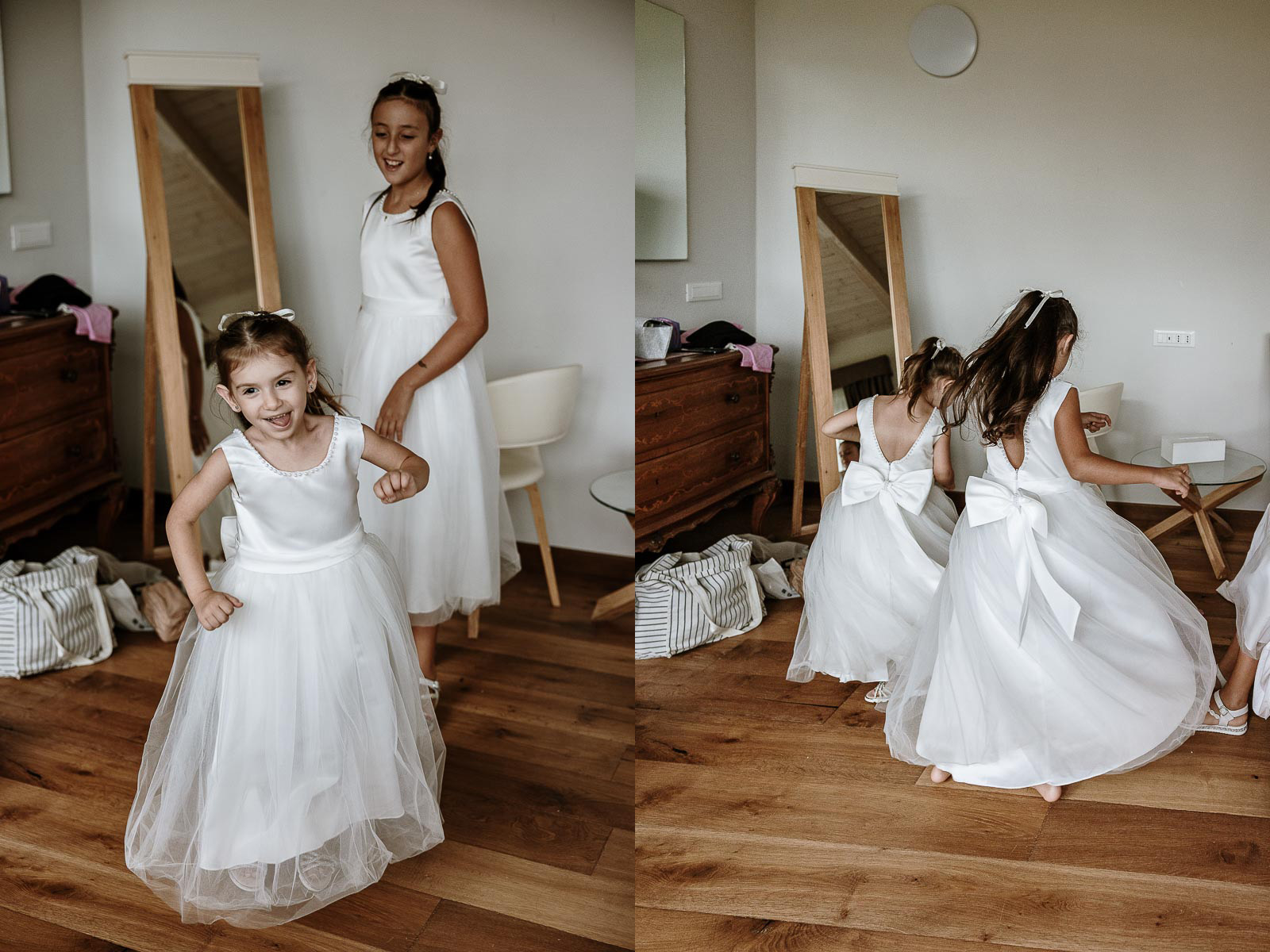 Fotografo Matrimonio Lago di Viverone, Tenuta Variselle. Preparazione della sposa. Damigelle bambine giocano.