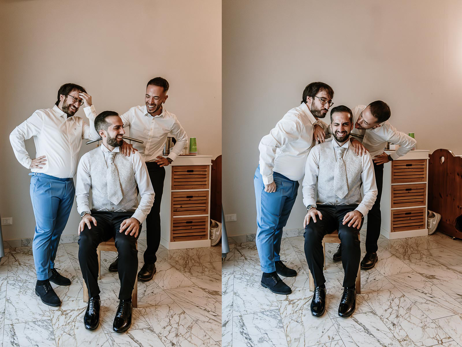 Fotografo Matrimonio Lago di Viverone, Tenuta Variselle. Preparazione dello sposo. Sposo con i testimoni