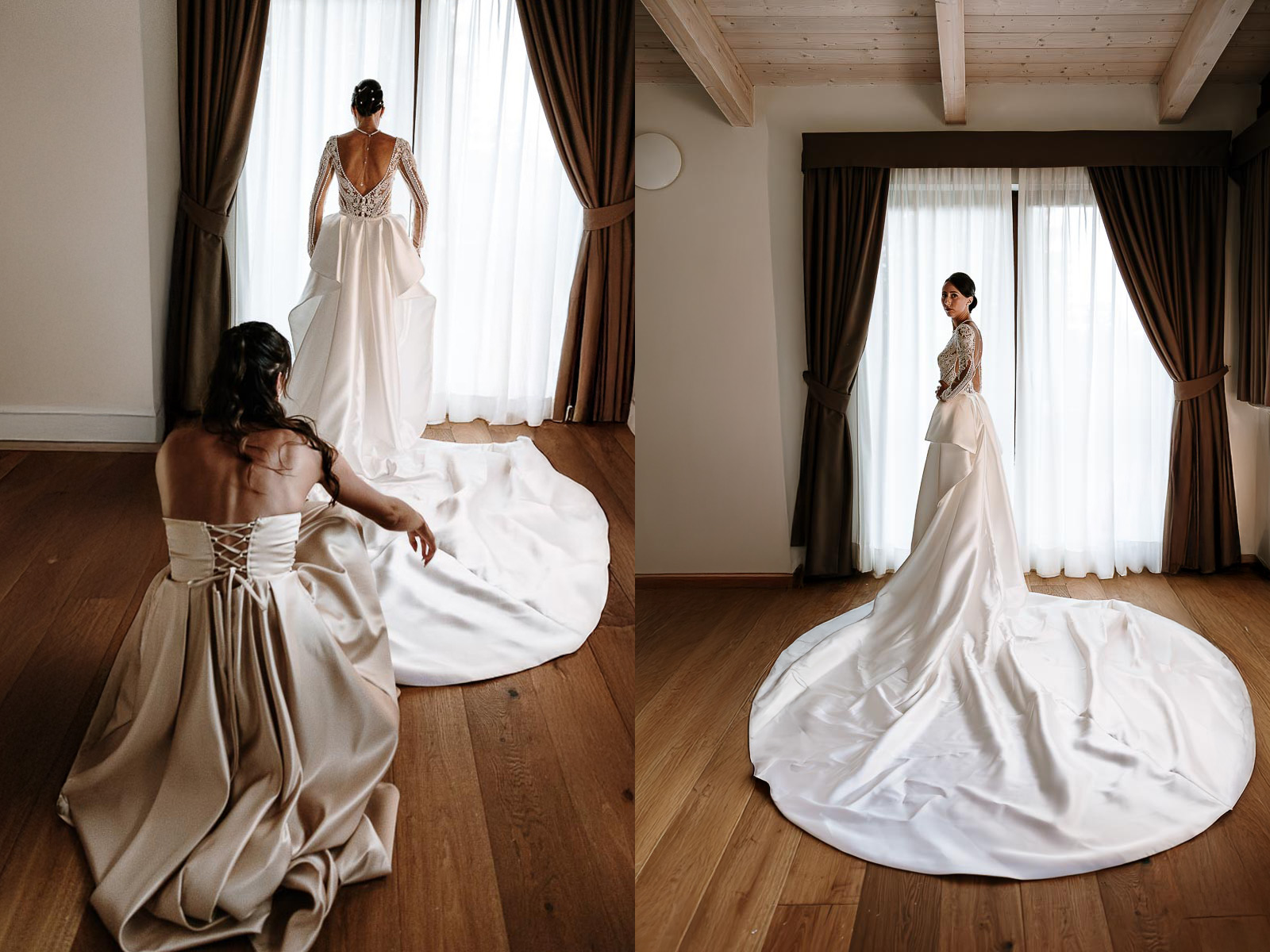 Fotografo Matrimonio Lago di Viverone, Tenuta Variselle. Preparazione della sposa. Ritratto della sposa da dietro che mosta la ricchezza dello strasci.