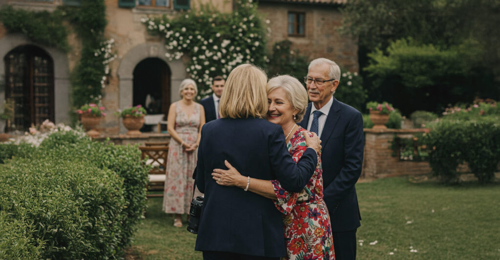 Fotografa di matrimonio abbraccia i genitori della sposa a fine giornata, un momento di gratitudine e verità