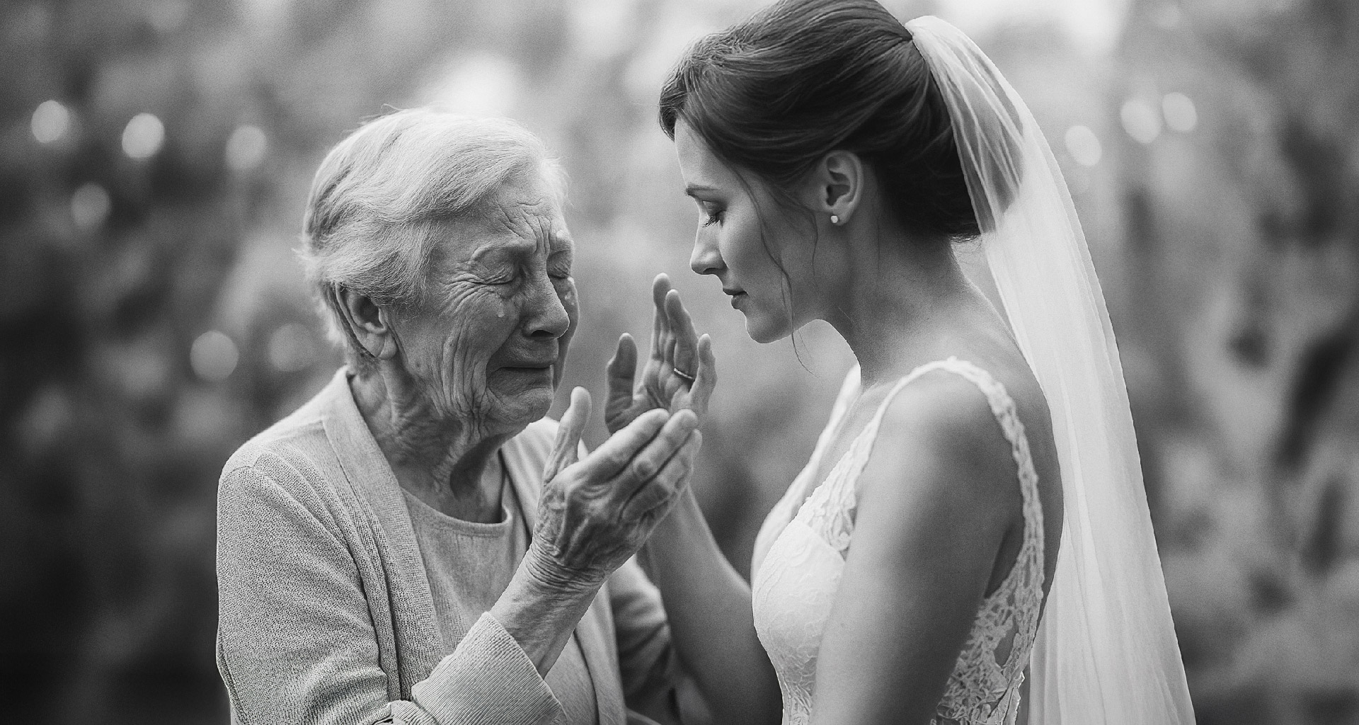 Fotografo di matrimonio – nonna commossa in bianco e nero durante il matrimonio della nipote