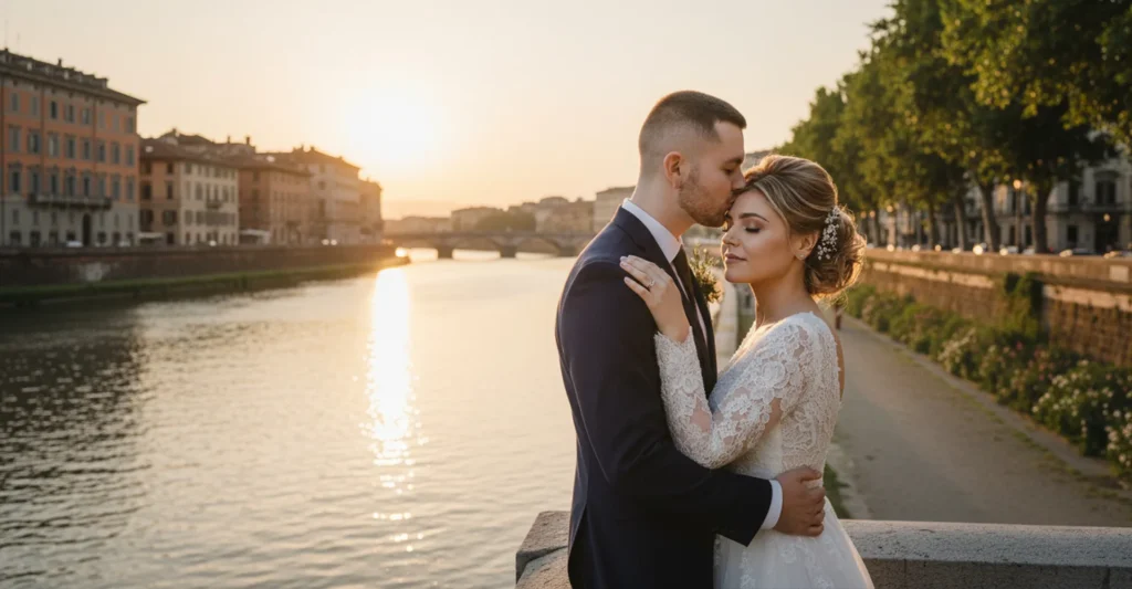 Fotografia di matrimonio editoriale – sposi eleganti al tramonto sul fiume, ritratto romantico in stile Vogue