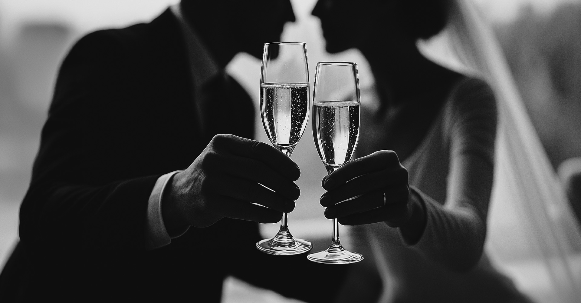 Sposi che brindano con due calici di champagne, in silhouette sfocata – immagine elegante per l’articolo sugli sposi che non rispondono