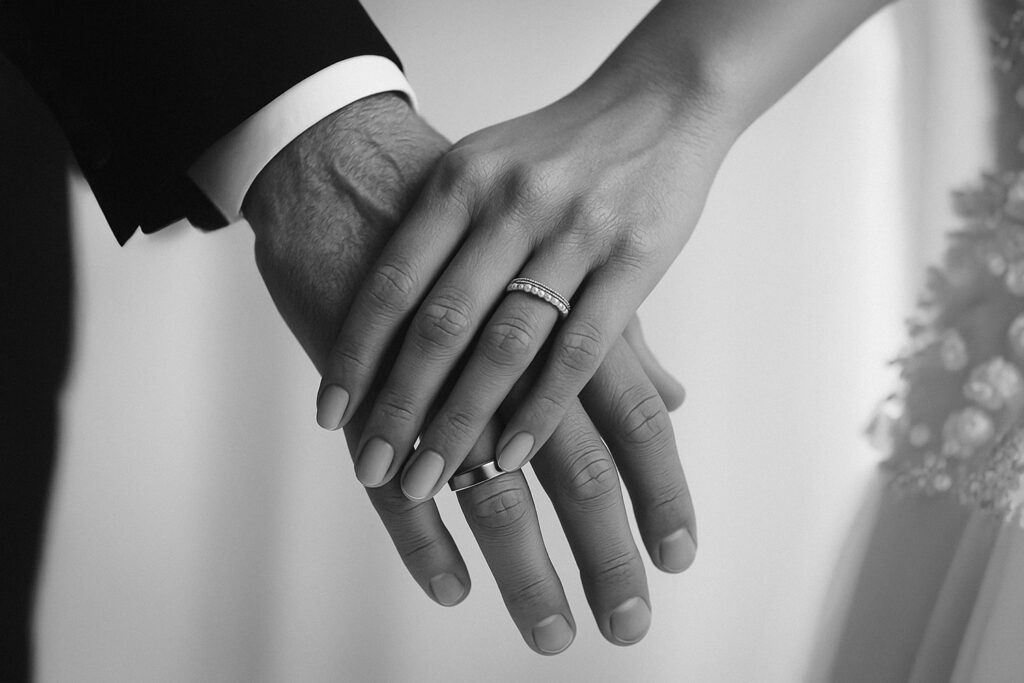 Mani degli sposi con le fedi nuziali, dettaglio elegante in bianco e nero per l’articolo sugli sposi che non rispondono