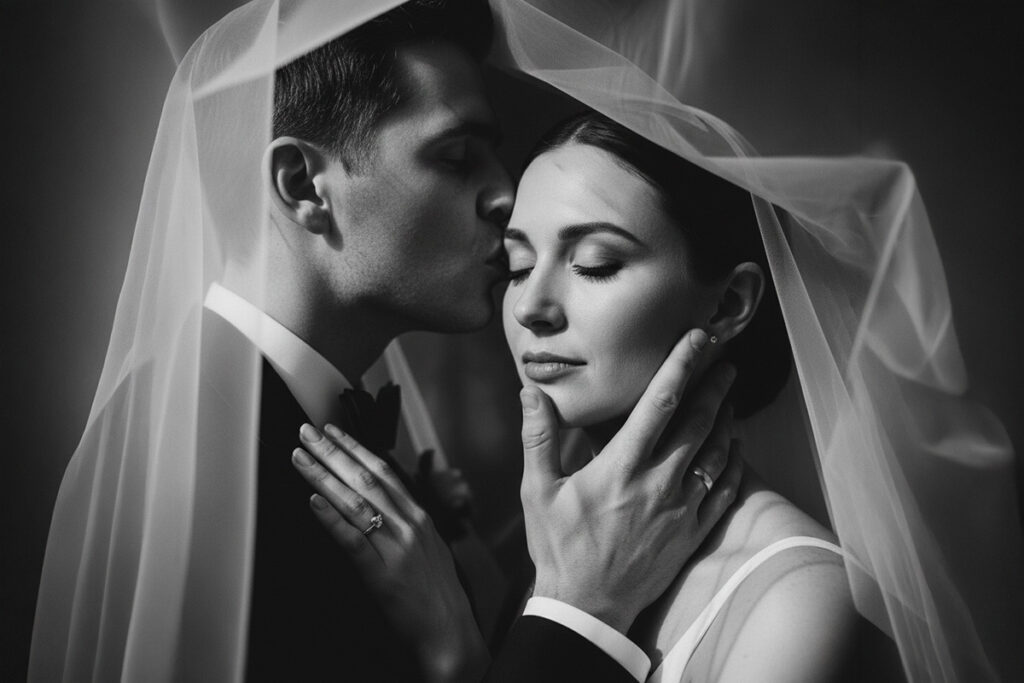 026-2027年婚礼摄影：黑白影像中，头纱下新人的深情肖像