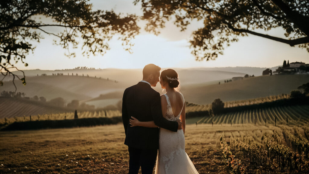 valore della fotografia di matrimonio, sposi abbracciati al tramonto tra le colline in un momento autentico ed emozionale
