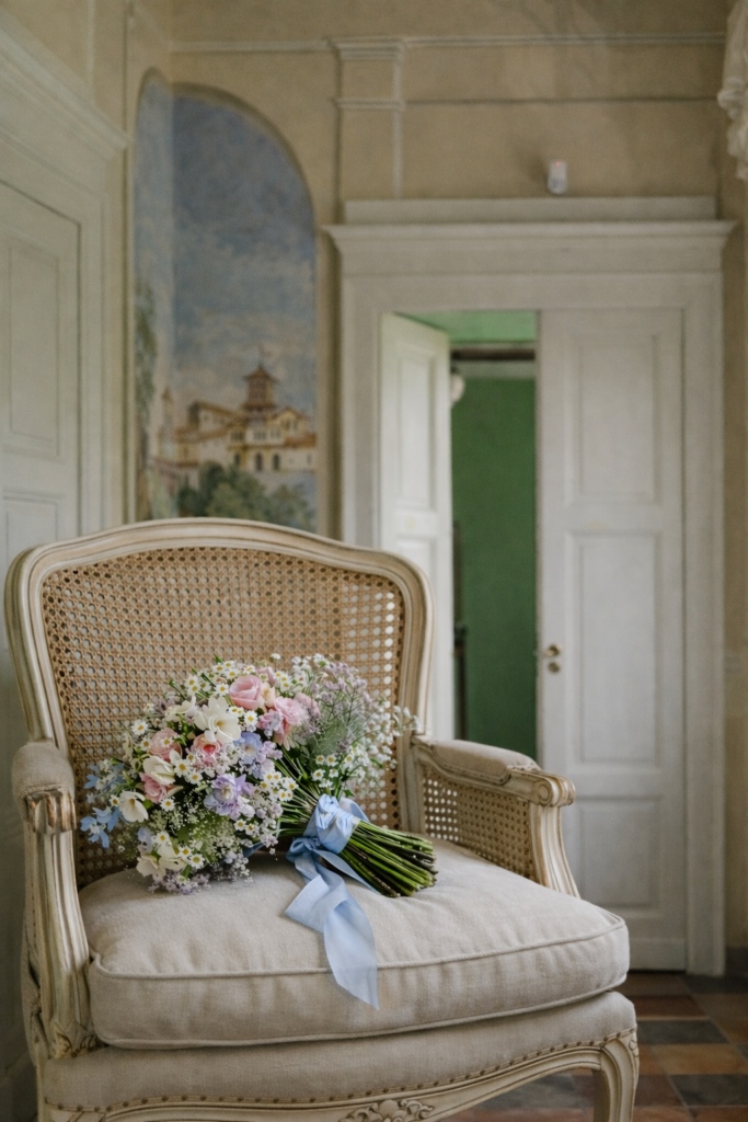 Bouquet della sposa appoggiato su una poltrona d’epoca all’interno della villa durante un matrimonio alla Cedrina
